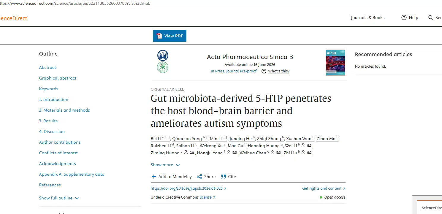Gut microbiota-derived 5-HTP penetrates the host blood–brain barrier and ameliorates autism symptoms